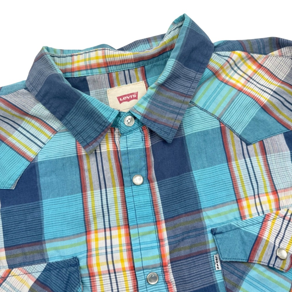 Levis Mens XL Western Shirt‎ Long Sleeve Plaid Pearl Snap Blue Orange